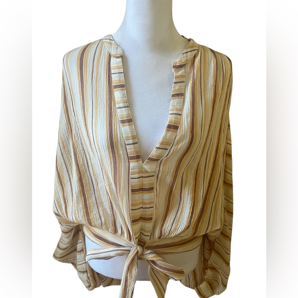 Transition Anthropologie Striped Tie Front Balloon Sleeve Tunic Blouse, XL
